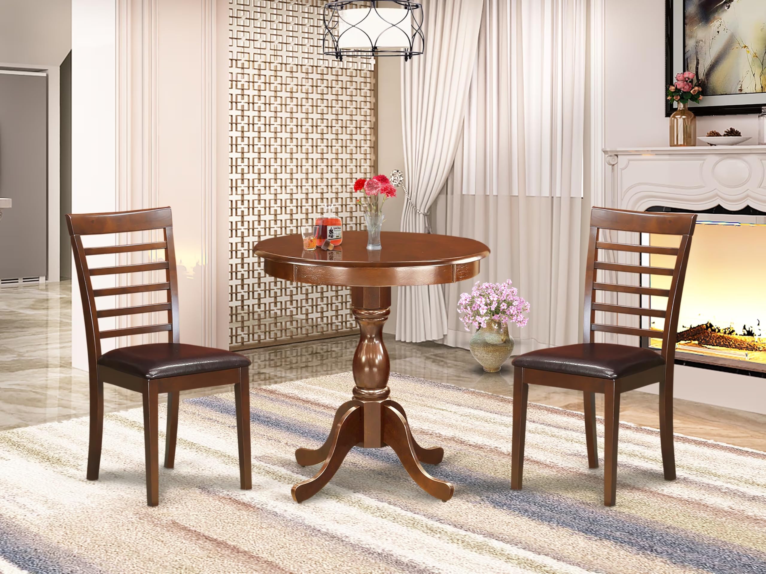 East West Furniture Esml3-Mah-Lc 3 Piece Kitchen Table Set For Small Spaces Contains A Round Dining Room Table With Pedestal And 2 Faux Leather Upholstered Chairs, 30X30 Inch, Mahogany